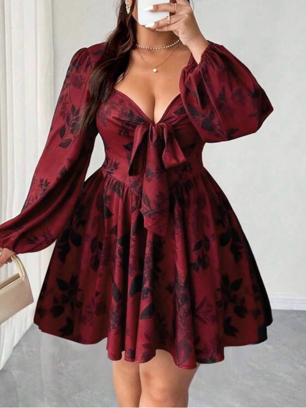 Tie-Front Burgundy Floral Mini Dress - Women